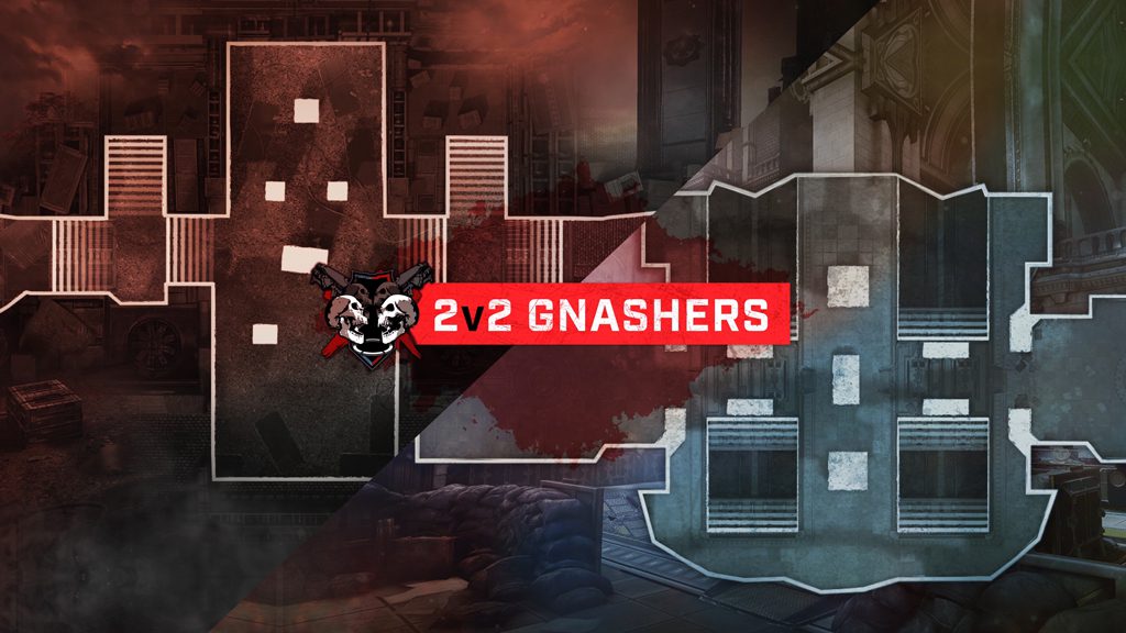 "2v2 Gnashers" on a banner in the foreground with two maps crossed diagonally in the back.