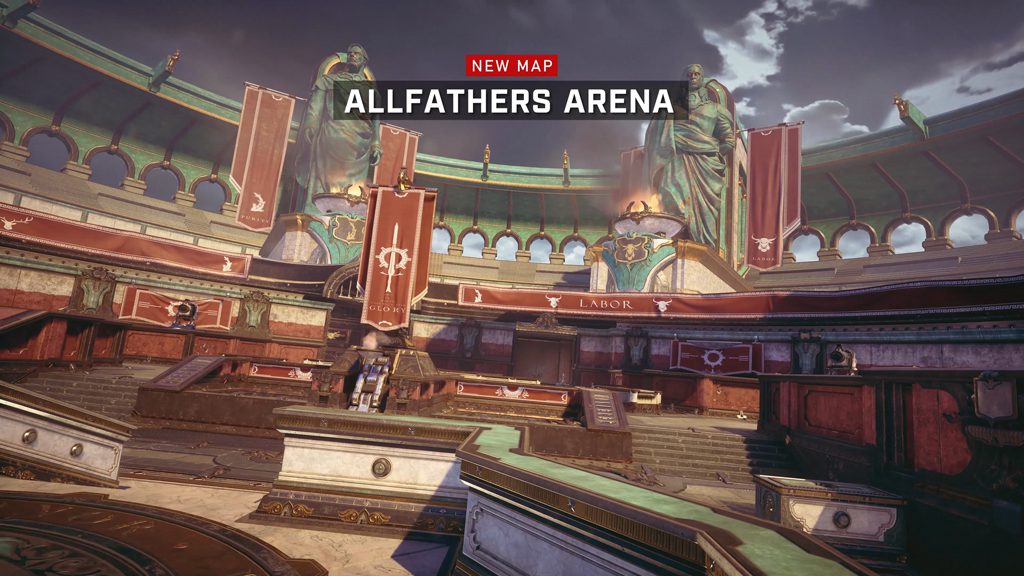 "New Map: Allfathers Arena" across a banner at the top with the map set behind. 