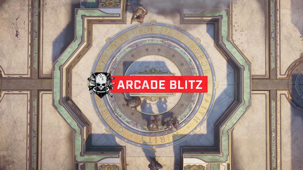"Arcade Blitz" on a banner across a birds-eye view of the center of the map with characters rushing from the top and bottom.